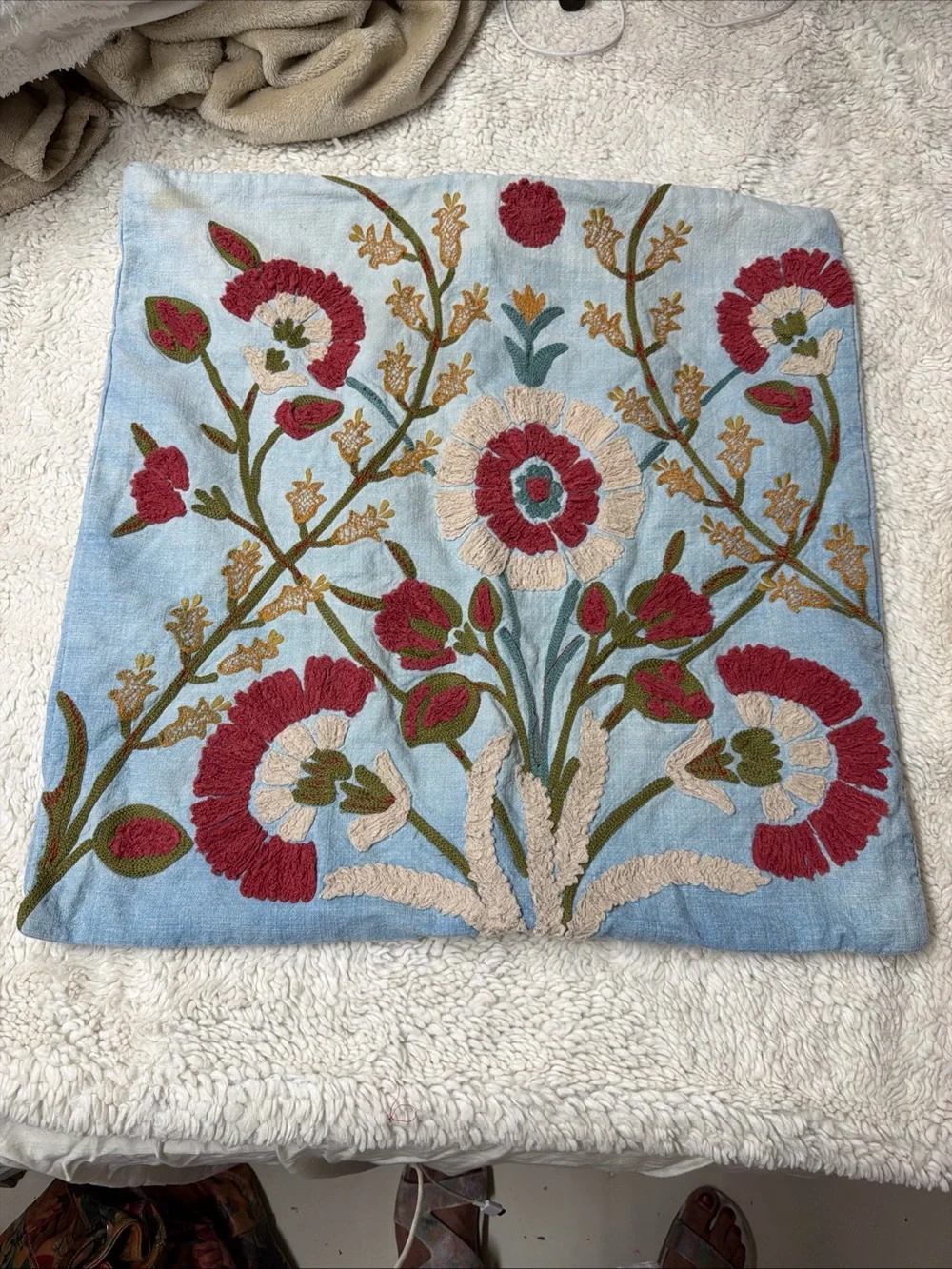 Pottery Barn Embroidered Floral Throw Pillow Cover in Light Blue, Red & Cream